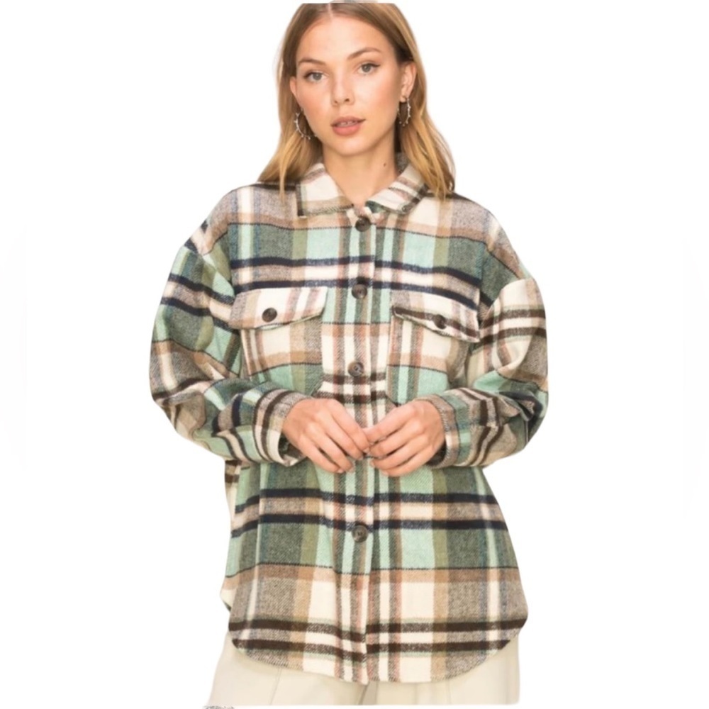 NWOT HYFVE Sweet Comfort Plaid Shacket Green Tan Women's Size S